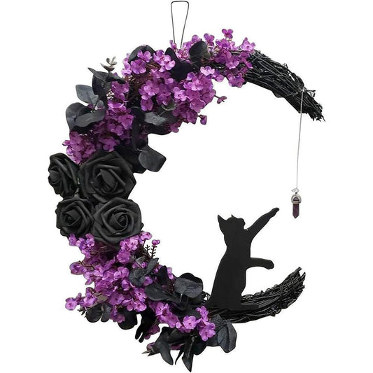 2pcs Halloween Moon Cat Garland with Rose, Black Cat Moon Wreath, Halloween Outdoor Decorations Variant V1263-JX-1582