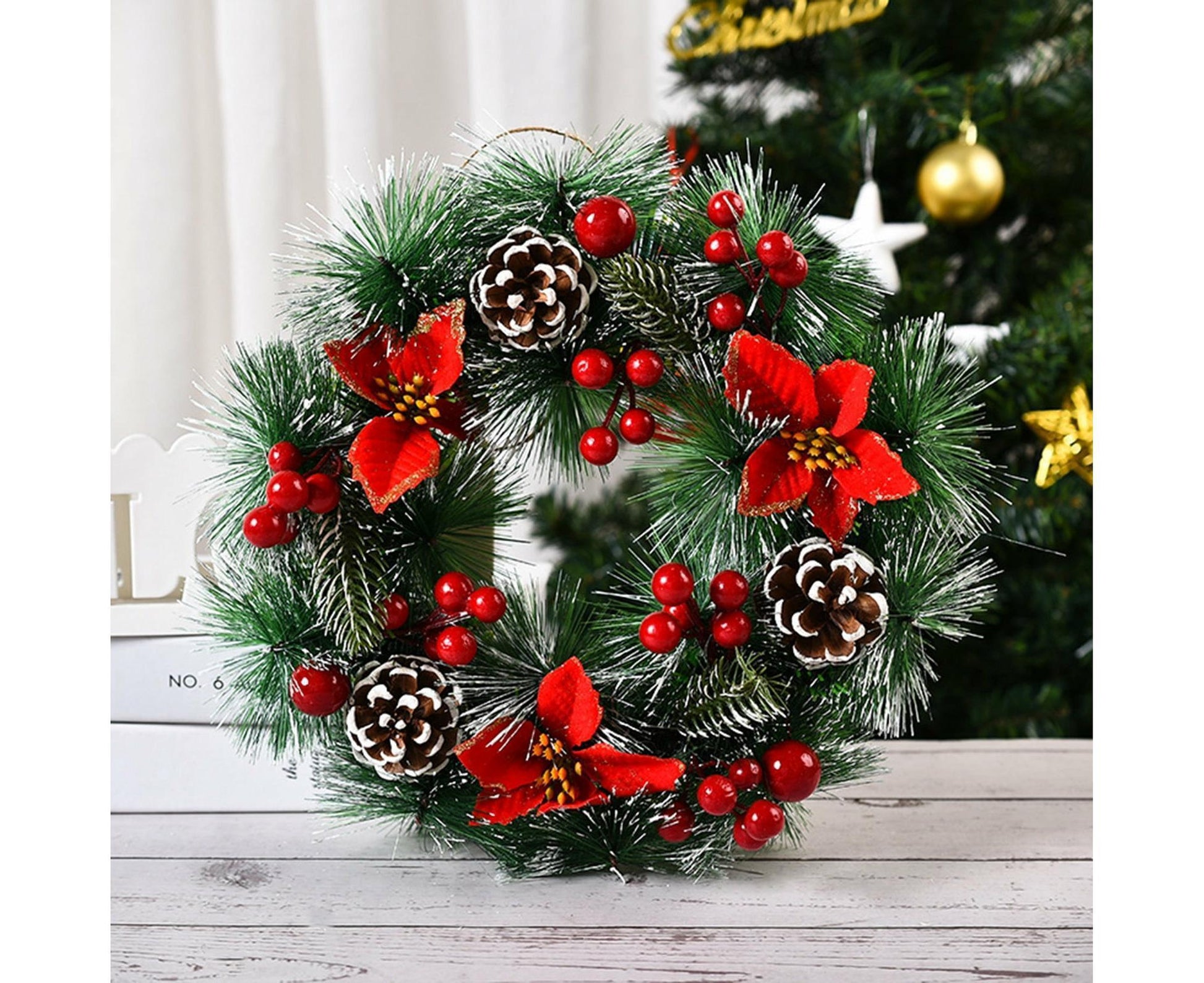 32cm Christmas Wreath, Christmas Garlands, Christmas Decoration, Artificial Pine Cones, Red Berry Wreath V1263-JX-1593
