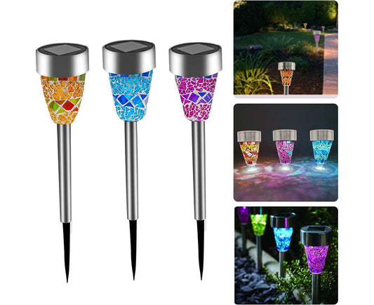 3pcs Solar Lights Outdoor Pathway Garden Cracked Stained Glasses Pathway Lights Mosaic Glass Landscape Lights V1263-JX-1638