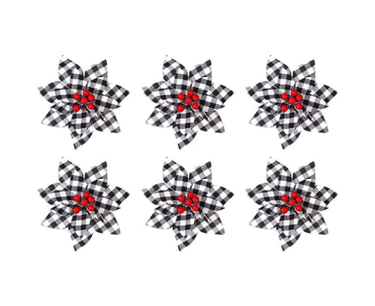 6 Pcs Christmas Plaid Flower Xmas Tree Ornaments For Vintage Xmas Tree Wreaths Wedding Holiday Decor,Black V1263-JX-1648