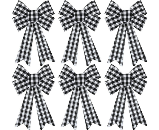 6 Pieces Large Christmas Wreath Bow Plaid Christmas Bow PVC Plastic Xmas Plaid Check Wrapping Bow for V1263-JX-1649
