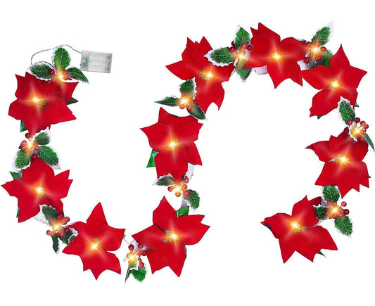 9.8Ft Lighted Poinsettia Christmas Garland String Lights with Red Berries and Holly Leaves, Pre-Lit Velvet V1263-JX-1656