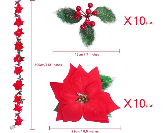 9.8Ft Lighted Poinsettia Christmas Garland String Lights with Red Berries and Holly Leaves, Pre-Lit Velvet V1263-JX-1656