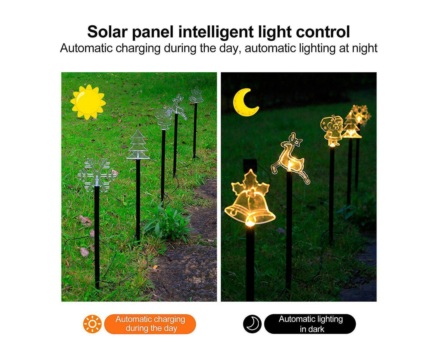 Solar Christmas Garden Stake Lights, 5-point Star, Snowflake, Tree Bell, Reindeer LED Outdoor Decorative V1263-JX-1723
