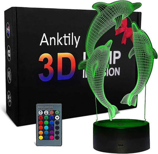 3D Dolphin Night Light LED Optical Illusion Night Light babies Table Bedside Lamp 16 Colors and Remote V1263-JX-1739