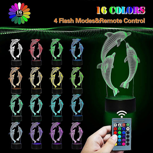 3D Dolphin Night Light LED Optical Illusion Night Light babies Table Bedside Lamp 16 Colors and Remote V1263-JX-1739