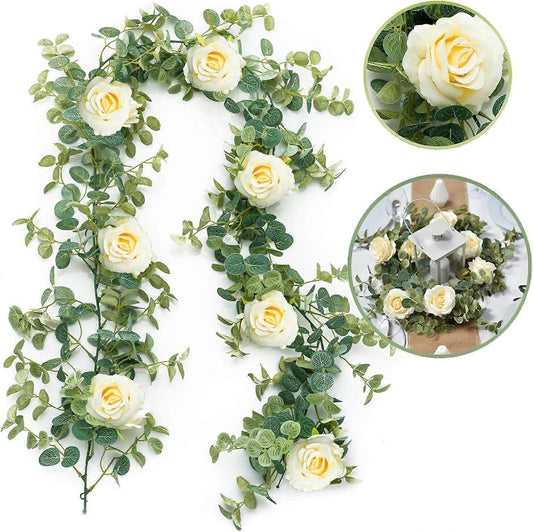 Artificial Eucalyptus Garland with Flowers Champagne Roses Long Fake Flower Garland Eucalyptus Leaves V1263-JX-1745