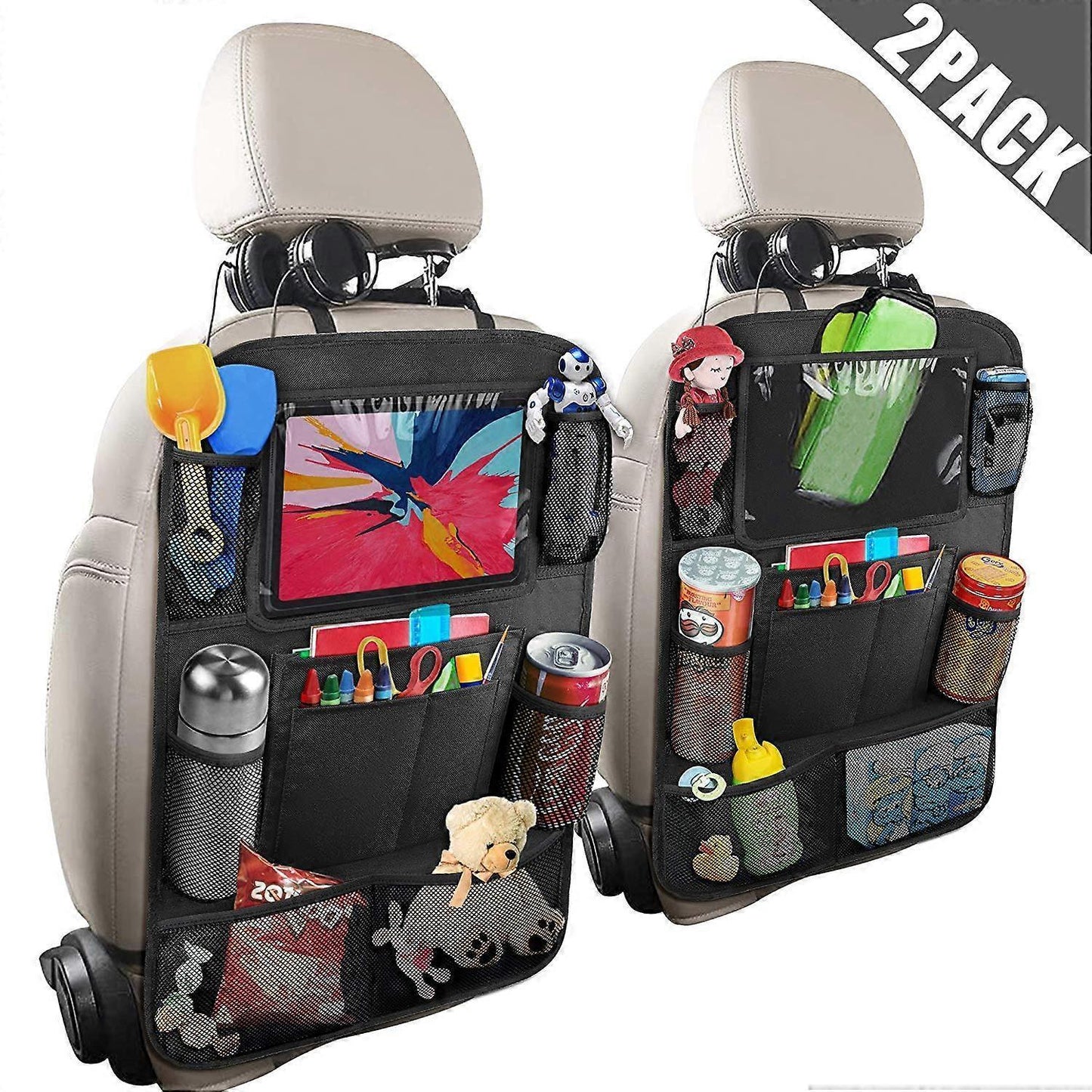 Car Back Organizer with Touch Screen Tablet Holder + 9 Storage Pockets Kick Mats Back Protectors Great Travel V1263-JX-1746