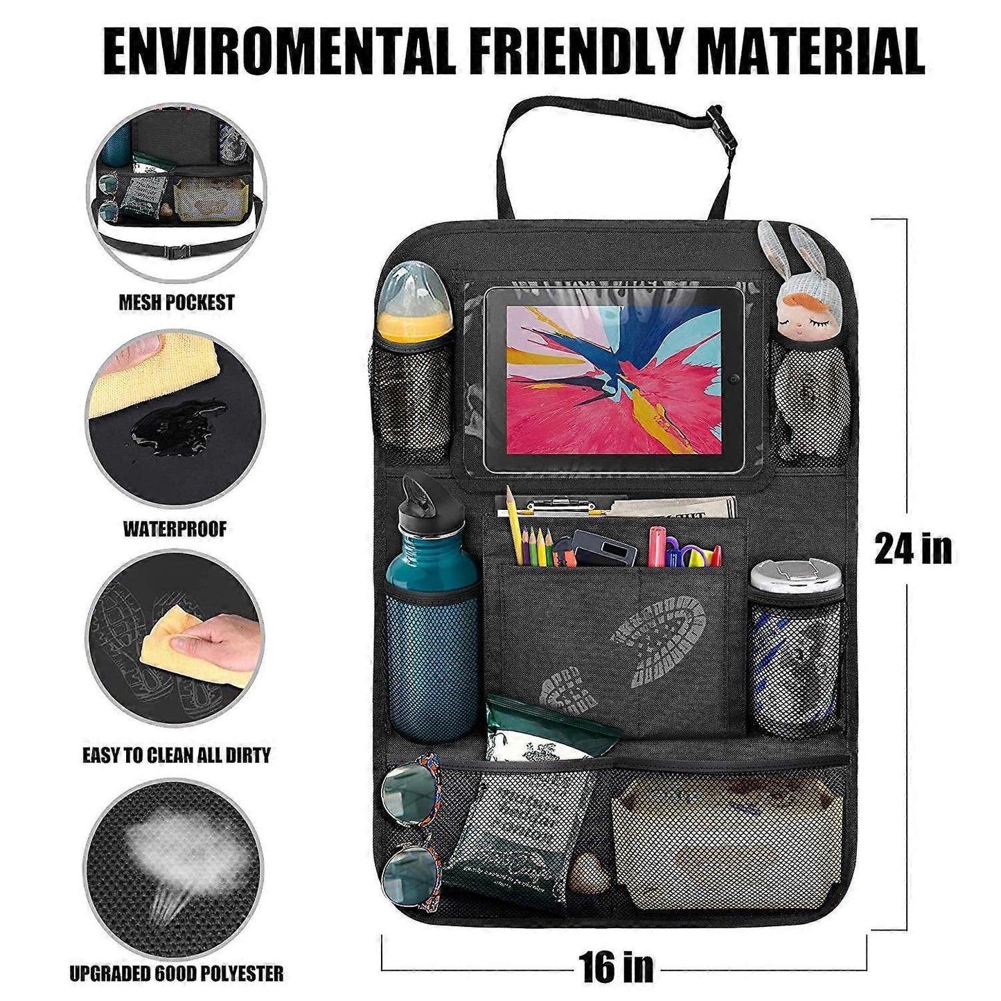 Car Back Organizer with Touch Screen Tablet Holder + 9 Storage Pockets Kick Mats Back Protectors Great Travel V1263-JX-1746