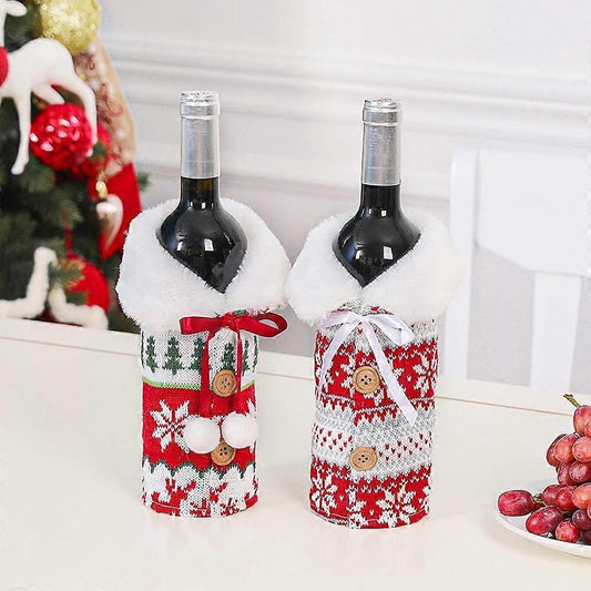 Wrap the knitted wine bottle sleeves with a faux fur collar for Christmas decorations V1263-JX-1871