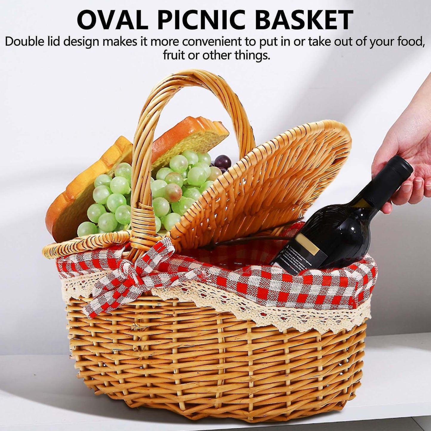 Country Style Wicker Picnic Basket Hamper With Lid And Handle & Liners For Picnic, Parties V1263-JX-1881