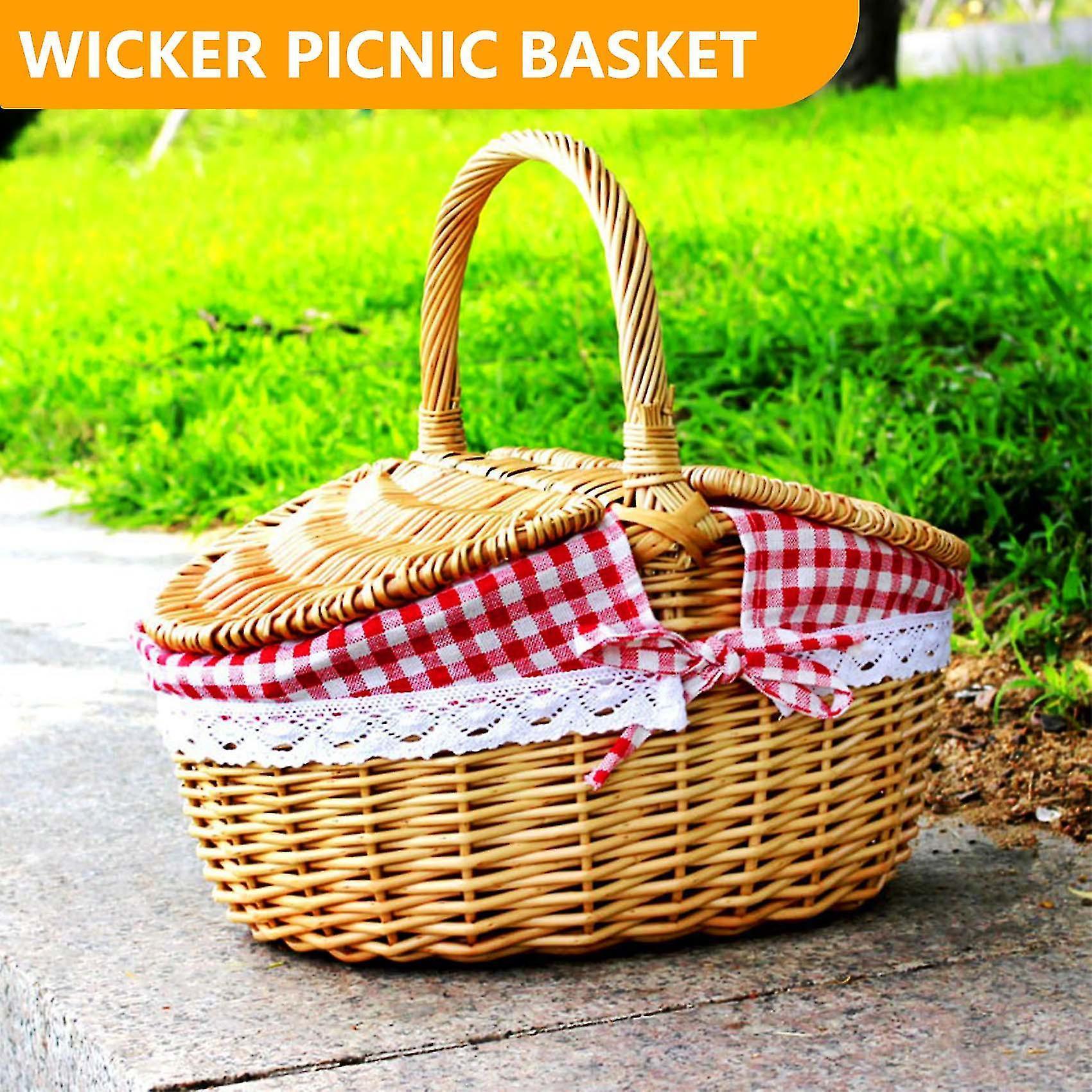 Country Style Wicker Picnic Basket Hamper With Lid And Handle & Liners For Picnic, Parties V1263-JX-1881