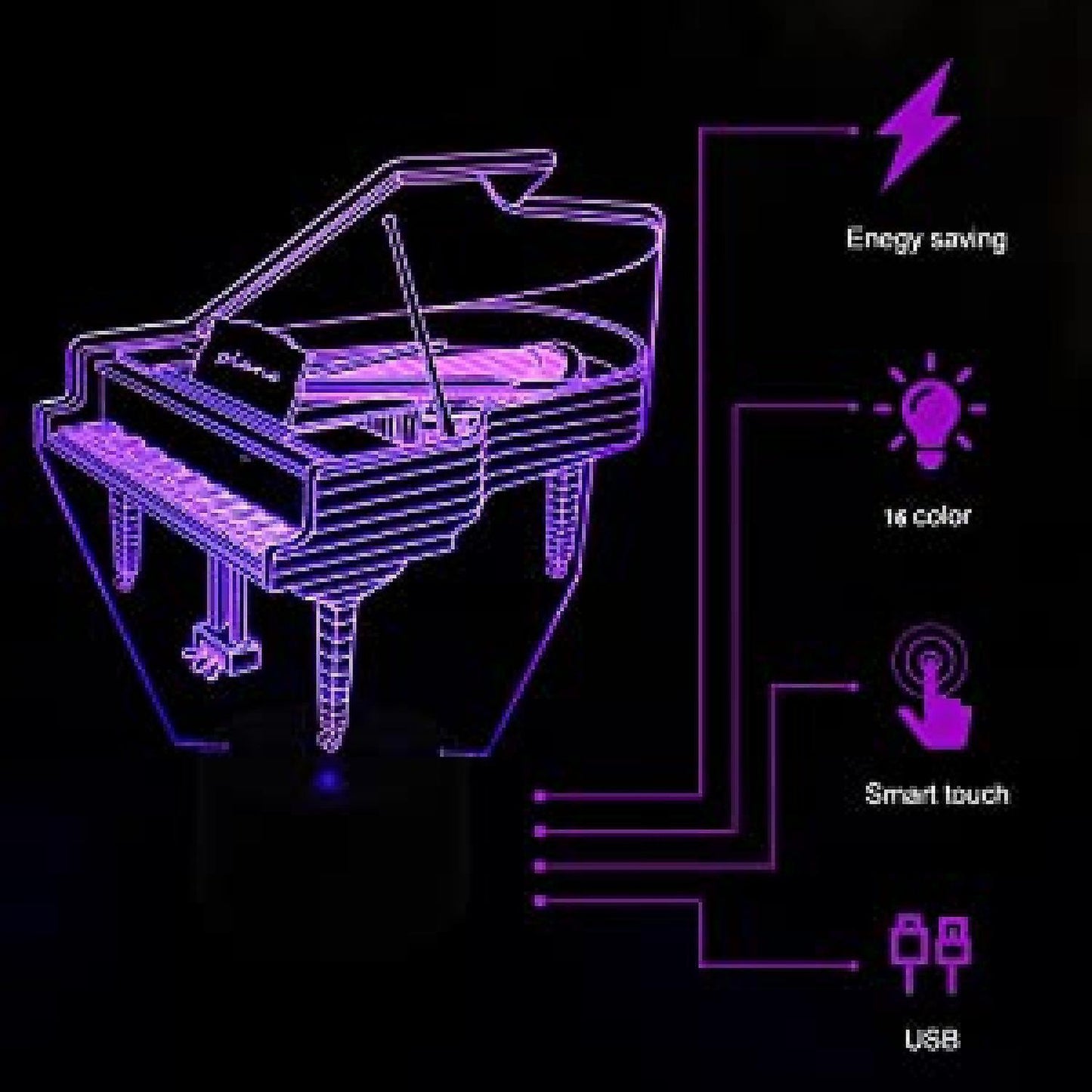 3D Lamp Illusion Piano Night Light Decor 16 Colors V1263-JX-1991