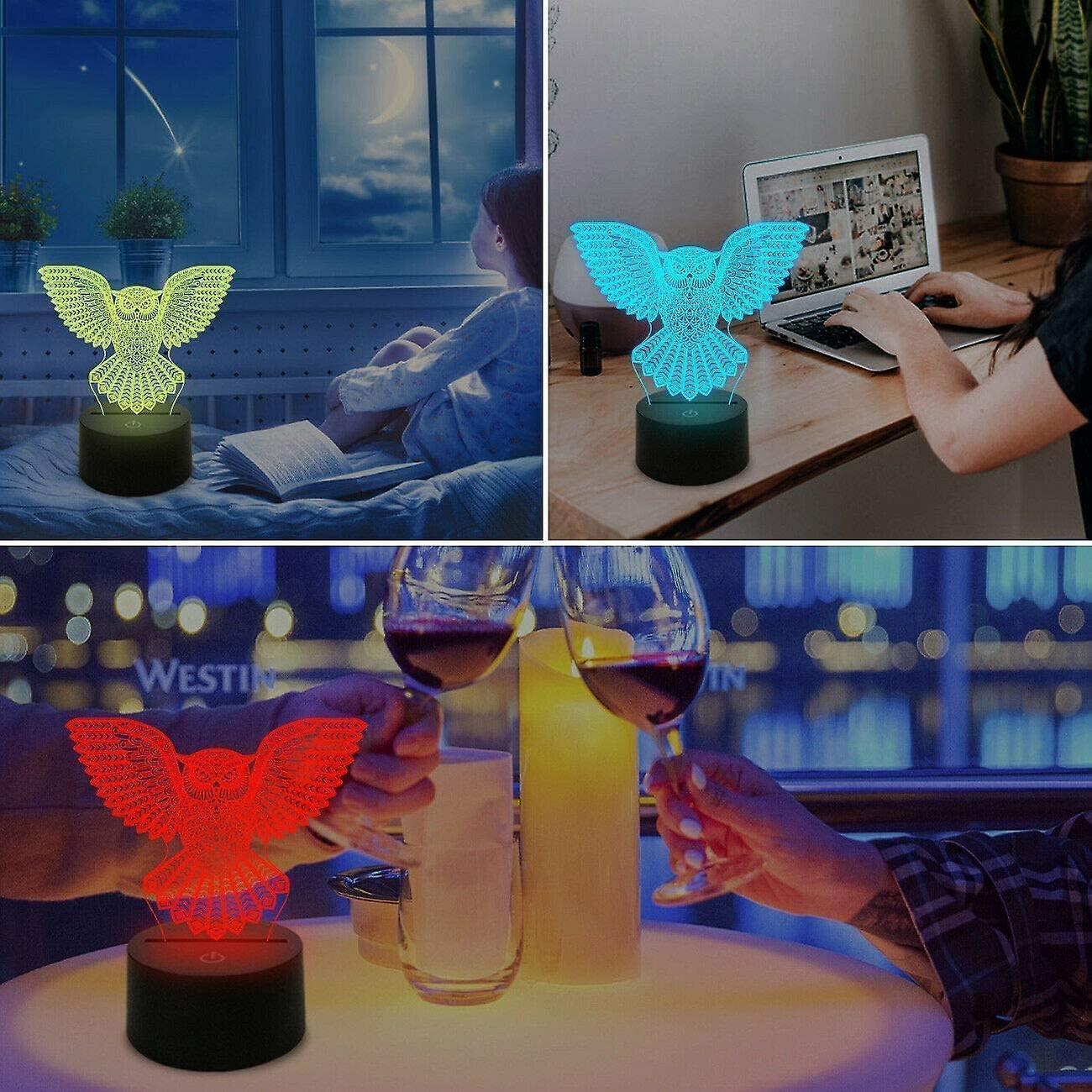 3D Owl Night Light Led Touch Switch Decor Table Desk Optical Illusion Lamps 7 Color Changing Lights Christmas V1263-JX-1998