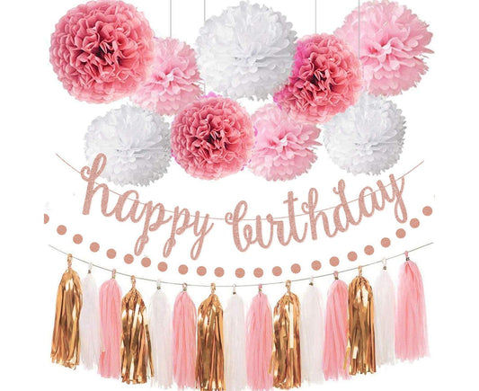 Pink Rose Gold Birthday Party Decorations Set, Rose Gold Glittery Happy Birthday Banner, Tissue Paper Pom V1263-JX-205