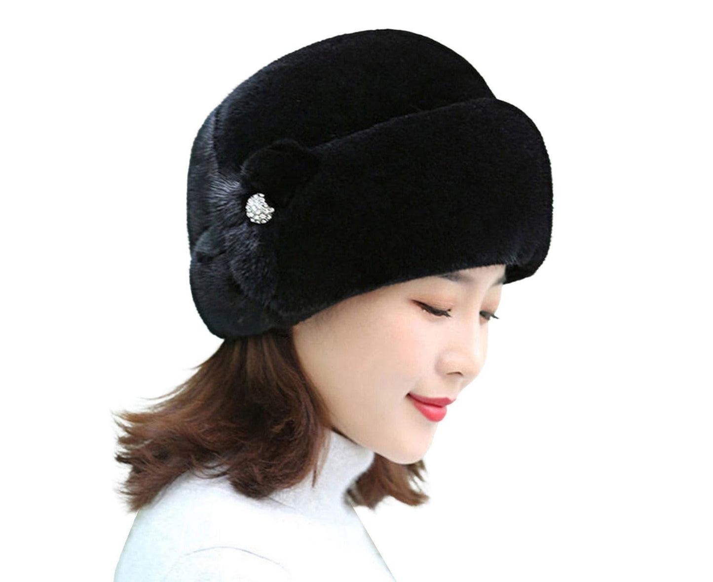 Winter Hat Faux Rabbit Fur Decor Thick Luxury Women Cap - Black V1263-JX-206
