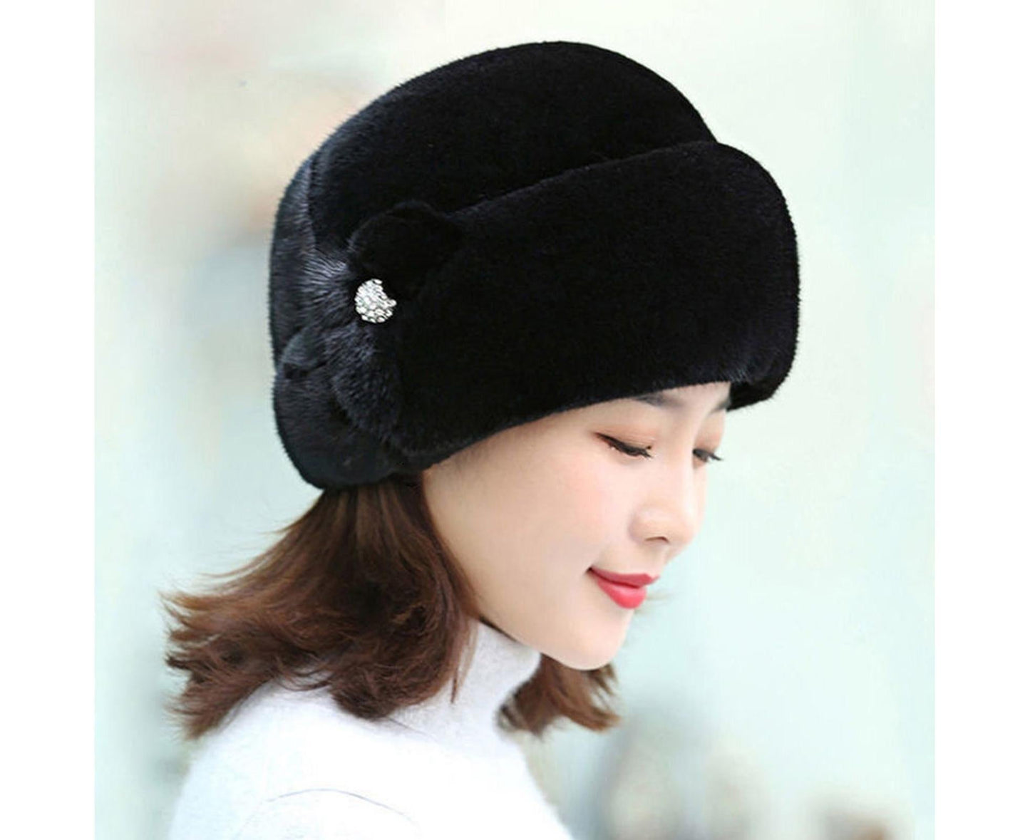 Winter Hat Faux Rabbit Fur Decor Thick Luxury Women Cap - Black V1263-JX-206