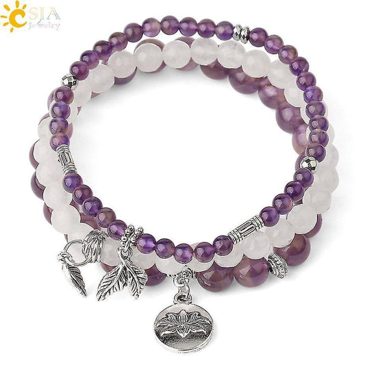 3pcs Amethyst Rose Quartz Crystal Beaded Chakra Bracelet Natural Healing Energy Lotus Charm Beads Stone Reiki V1263-JX-2068