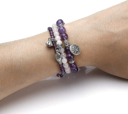 3pcs Amethyst Rose Quartz Crystal Beaded Chakra Bracelet Natural Healing Energy Lotus Charm Beads Stone Reiki V1263-JX-2068