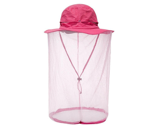Outdoor Women Men Anti Bug Bee Mosquito Hat Head Net Sun Protection Bucket Cap-Rose Red V1263-JX-208