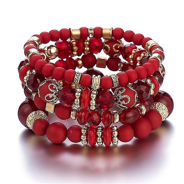 Ethnic Style Multi-layered Bracelet Crystal Beaded Ladies Hand Jewelry Red V1263-JX-2081