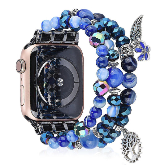 Fashion Iwatch Blue Crystal Beaded Bracelet Watchband Strap With Life Tree And Leaf Pendant For Apple Watch V1263-JX-2082