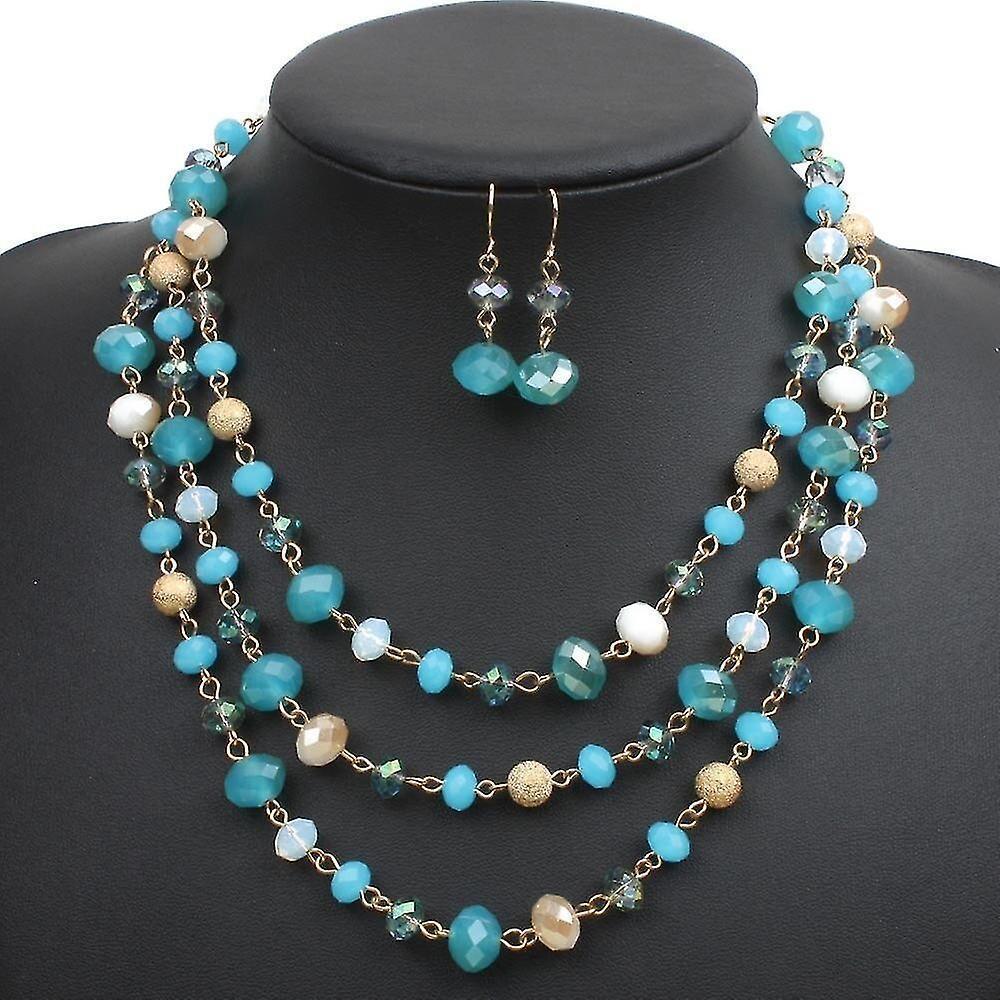 Multi Layer Crystal And Glass Beads Necklace And Crystal Earrings Crystal Jewelry Set - Blue V1263-JX-2091