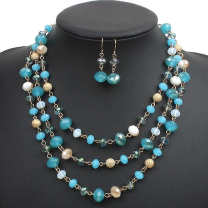 Multi Layer Crystal And Glass Beads Necklace And Crystal Earrings Crystal Jewelry Set - Blue V1263-JX-2091