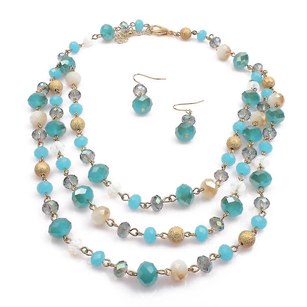 Multi Layer Crystal And Glass Beads Necklace And Crystal Earrings Crystal Jewelry Set - Blue V1263-JX-2091