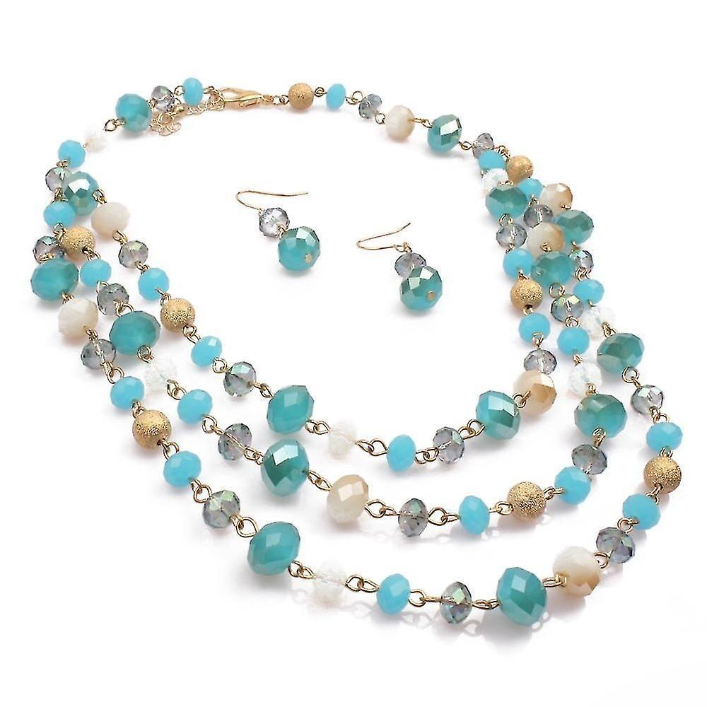Multi Layer Crystal And Glass Beads Necklace And Crystal Earrings Crystal Jewelry Set - Blue V1263-JX-2091