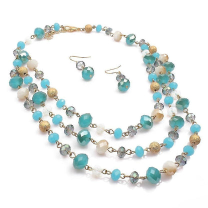 Multi Layer Crystal And Glass Beads Necklace And Crystal Earrings Crystal Jewelry Set - Blue V1263-JX-2091