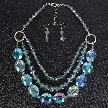 Multi Layer Magic Crystal And Glass Beads Necklace And Crystal Earrings Crystal Jewelry Set V1263-JX-2092