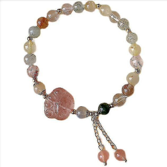 Natural Pink Strawberry Crystal Cat's Claw Pendant Tassel Bracelet V1263-JX-2098