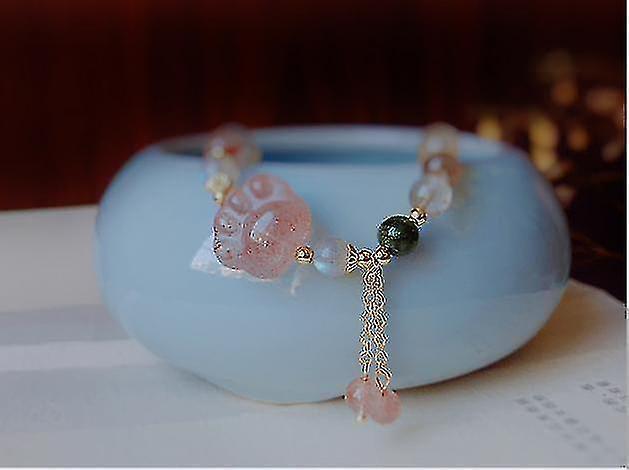 Natural Pink Strawberry Crystal Cat's Claw Pendant Tassel Bracelet V1263-JX-2098
