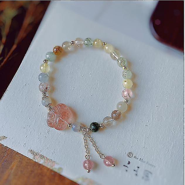 Natural Pink Strawberry Crystal Cat's Claw Pendant Tassel Bracelet V1263-JX-2098