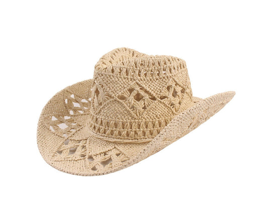 Cowboy Hat Classic Vintage Hollow Out Unisex Curled Edge Wide Brim Men Sun Hat Fishing Hat-Yellow V1263-JX-210