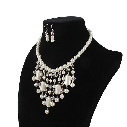 Waterfall Style Pearl Chain And Crystal Resin Beads Statement Necklace Pearl Earrings Pearl Jewelry Set V1263-JX-2113