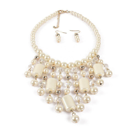 Waterfall Style Pearl Chain And Crystal Resin Beads Statement Necklace Pearl Earrings Pearl Jewelry Set V1263-JX-2113