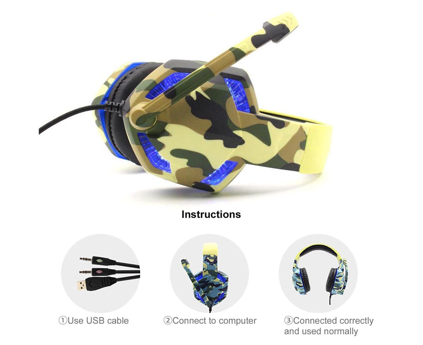 Wired Luminous Camouflage Gaming Headphone Headset for Computer Gameellow ABS V1263-JX-220