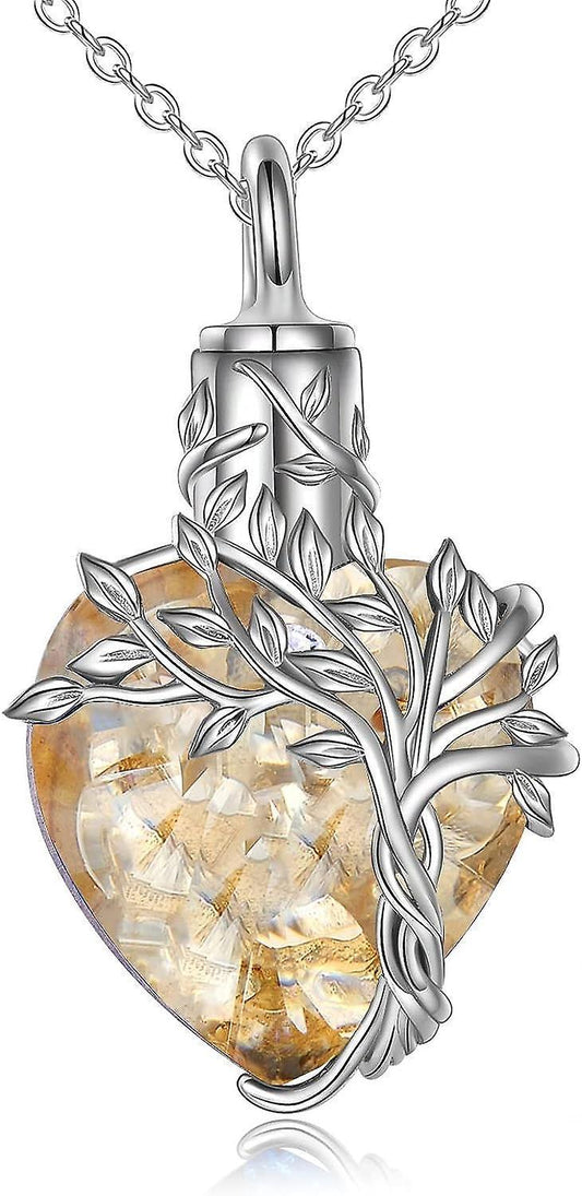 Heart Tree Of Life Urn Necklace For Ashes Sterling Silver Cremation Jewelry With Crystal W/funnel Filler V1263-JX-2206