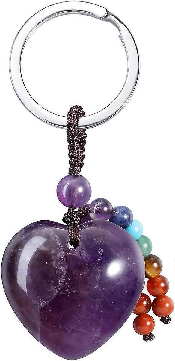 Natural Amethyst Heart Crystal Keychain 7 Chakra Healing Gemstone Key Ring Charm for Women V1263-JX-2216
