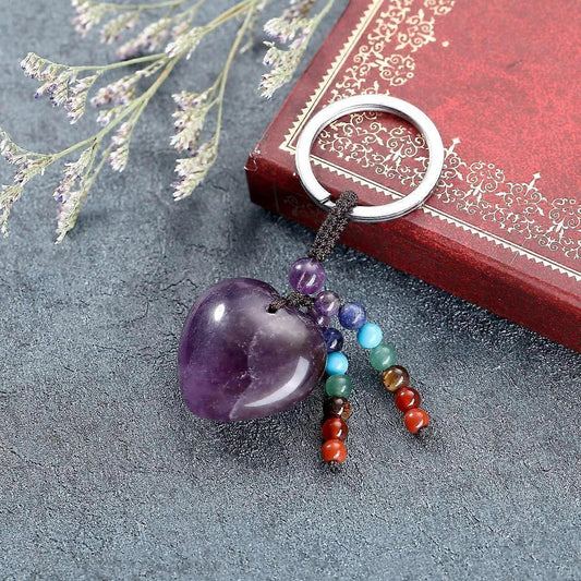 Natural Amethyst Heart Crystal Keychain 7 Chakra Healing Gemstone Key Ring Charm for Women V1263-JX-2216