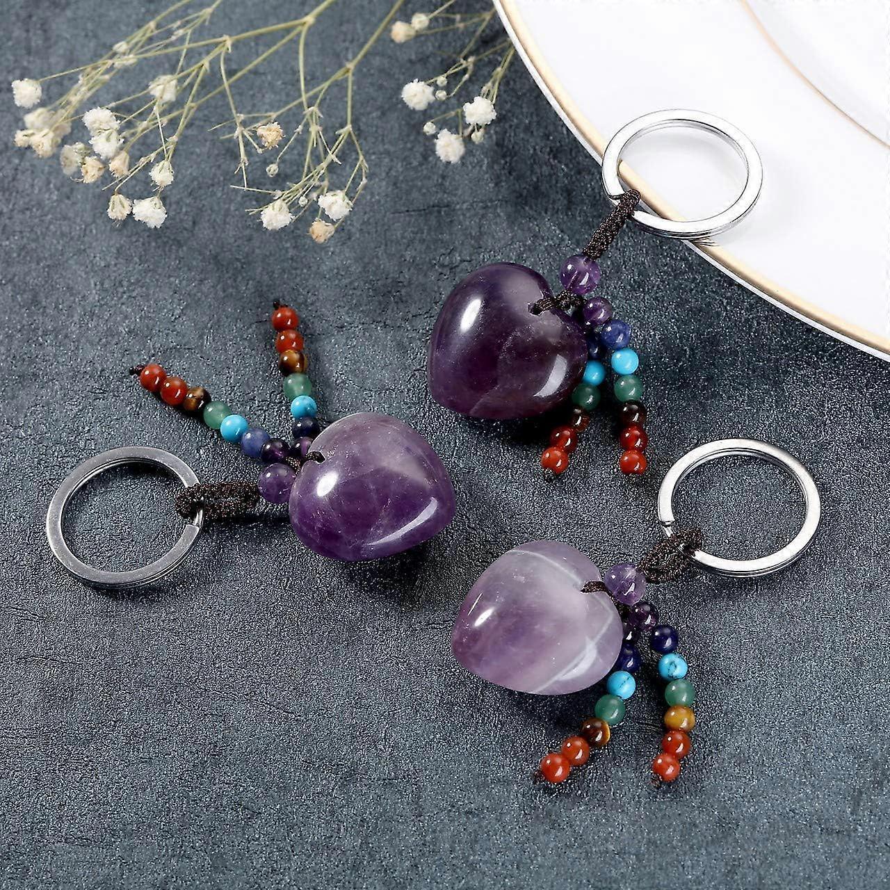Natural Amethyst Heart Crystal Keychain 7 Chakra Healing Gemstone Key Ring Charm for Women V1263-JX-2216