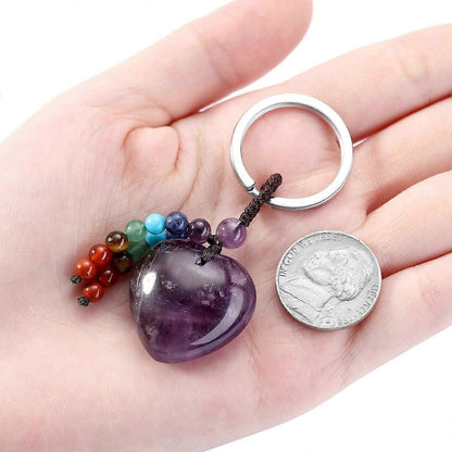 Natural Amethyst Heart Crystal Keychain 7 Chakra Healing Gemstone Key Ring Charm for Women V1263-JX-2216