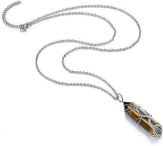 Natural Healing Crystal Stone Necklace Silver Tree Of Life Wire Wrapped Hexagonal Crystal Points Pendant V1263-JX-2218