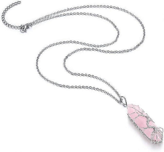 Natural Healing Crystal Stone Necklace Silver Tree Of Life Wire Wrapped Hexagonal Crystal Points Pendant V1263-JX-2219