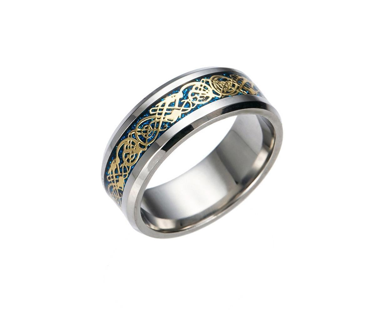 Stylish Men Titanium Steel Smooth Surface Wedding Band Finger Ring Jewelry Gift-Blue + Golden US 11 V1263-JX-222