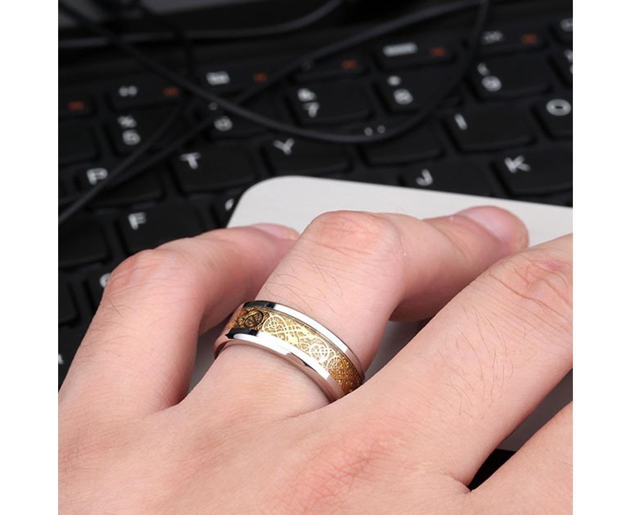 Stylish Men Titanium Steel Smooth Surface Wedding Band Finger Ring Jewelry Gift-Blue + Golden US 11 V1263-JX-222