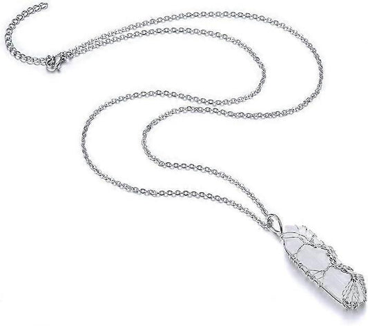 Natural Healing Crystal Stone Necklace Silver Tree Of Life Wire Wrapped Hexagonal Crystal Points Pendant V1263-JX-2220