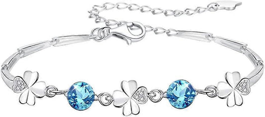 Silver Bracelet for Women,Four-Leaf Clover Bracelet Shiny Crystal Diamond Adjustable Bracelet Mother's Day V1263-JX-2224